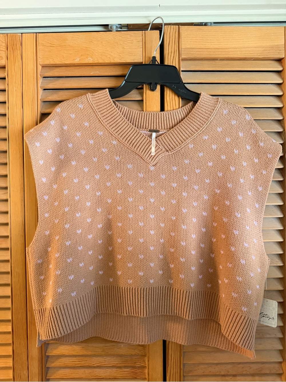Free People Cropped V-Neck Sweater Vest in Blush Pink with Heart Detail